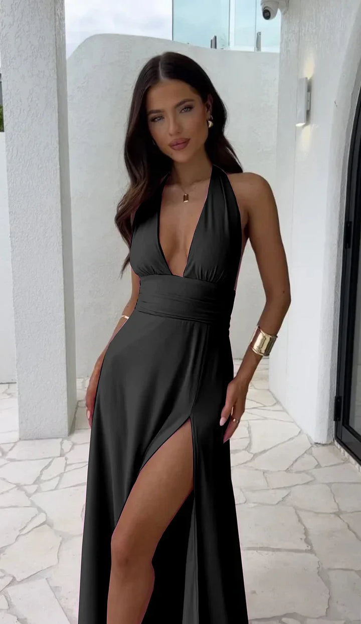 Iluna | Sexy deep V-neck split solid colour dress