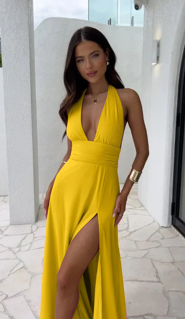 Iluna | Sexy deep V-neck split solid colour dress